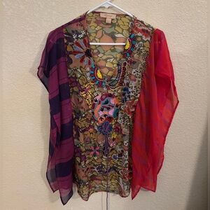 Multi-Colored Embroidered Boho Fairy Flowy Women's Tunic, Size M